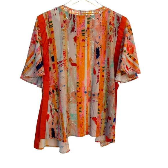 Anthropologie Floreat | Orange & Ivory Striped Boho Kimono Sleeve Top One Size - Picture 13 of 15